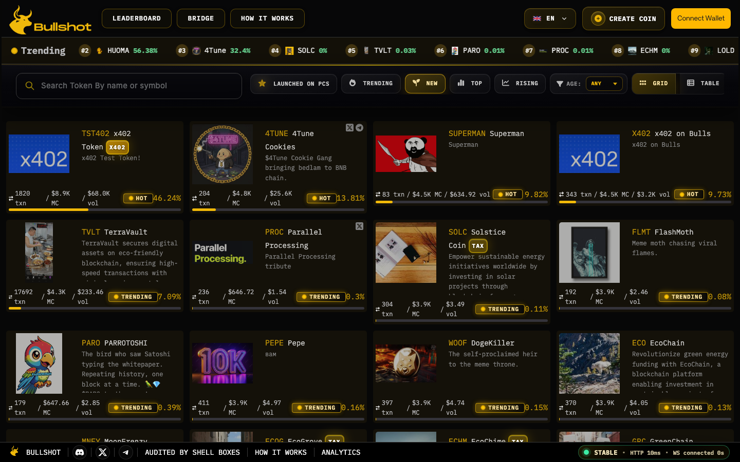 Bullshot platform interface showing trending tokens, leaderboards and token creation tools