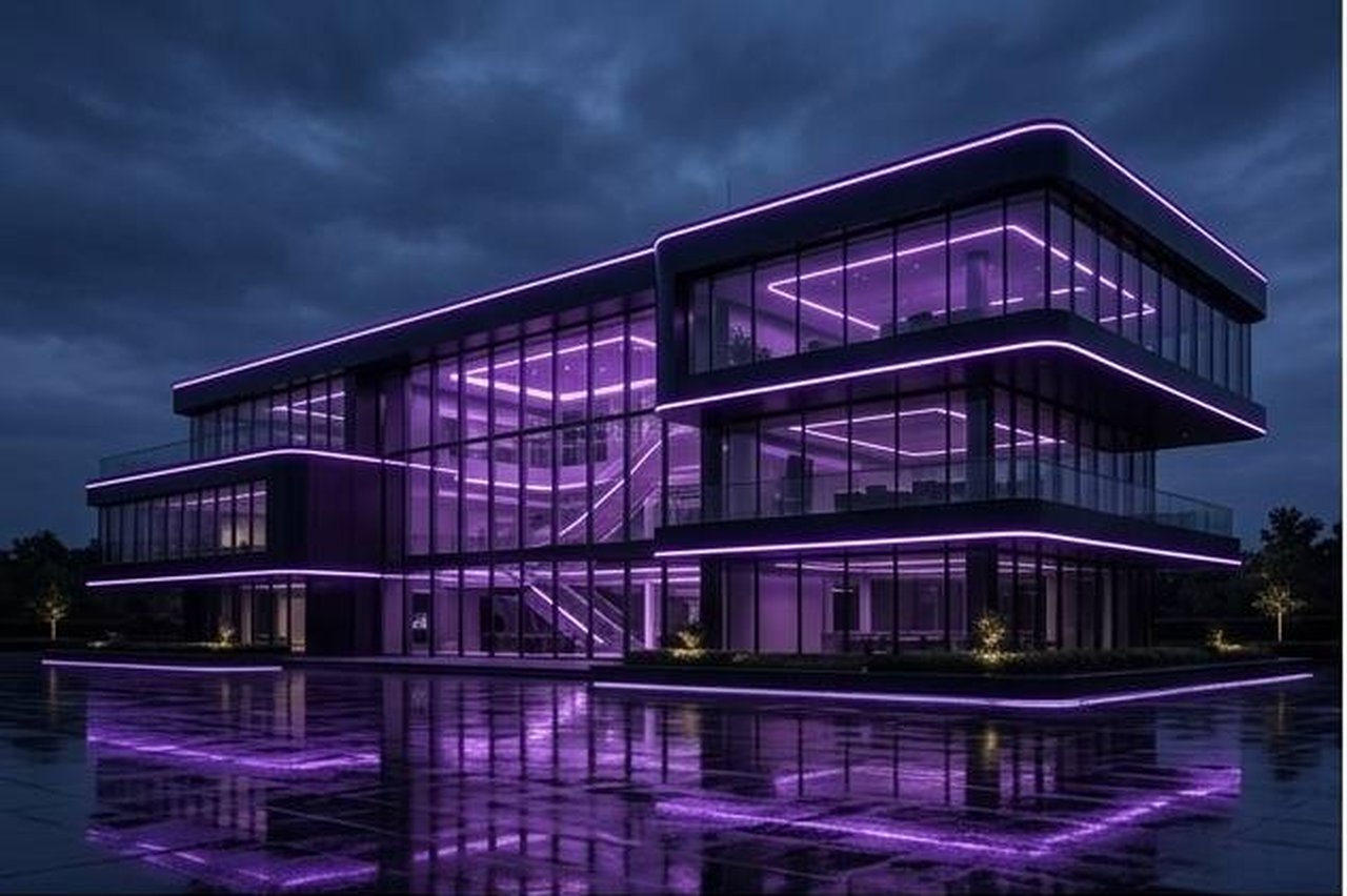 Modern glass building with purple neon lighting
