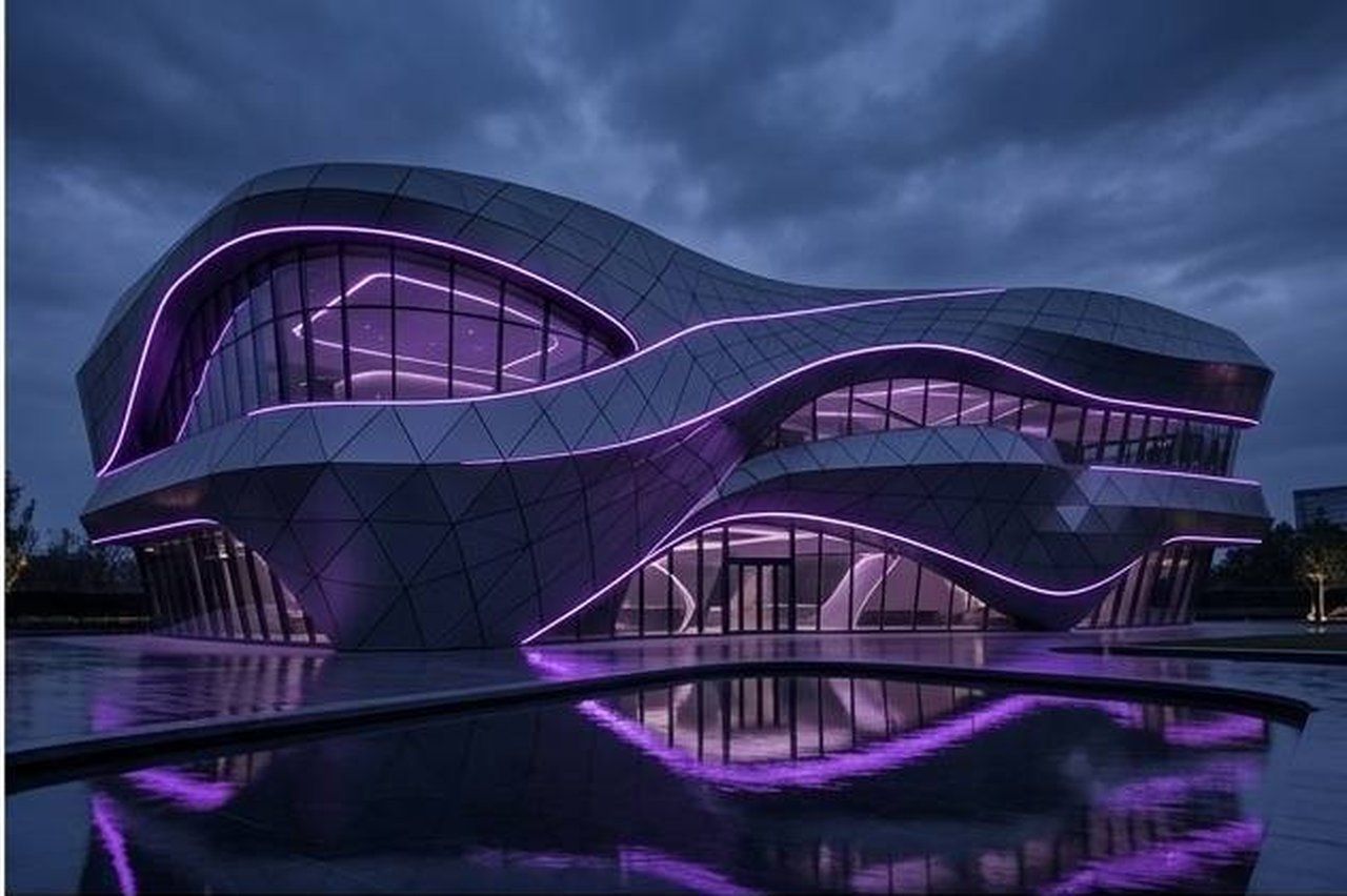 Futuristic curved architecture with purple accent lighting