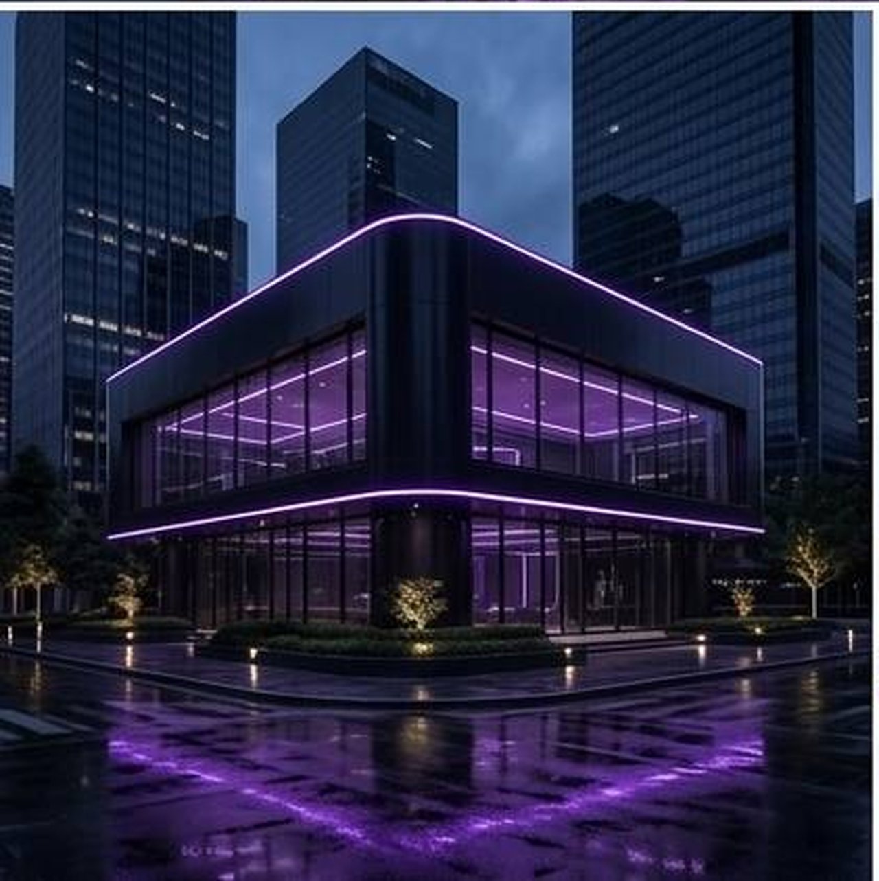 Contemporary urban building with illuminated glass facade