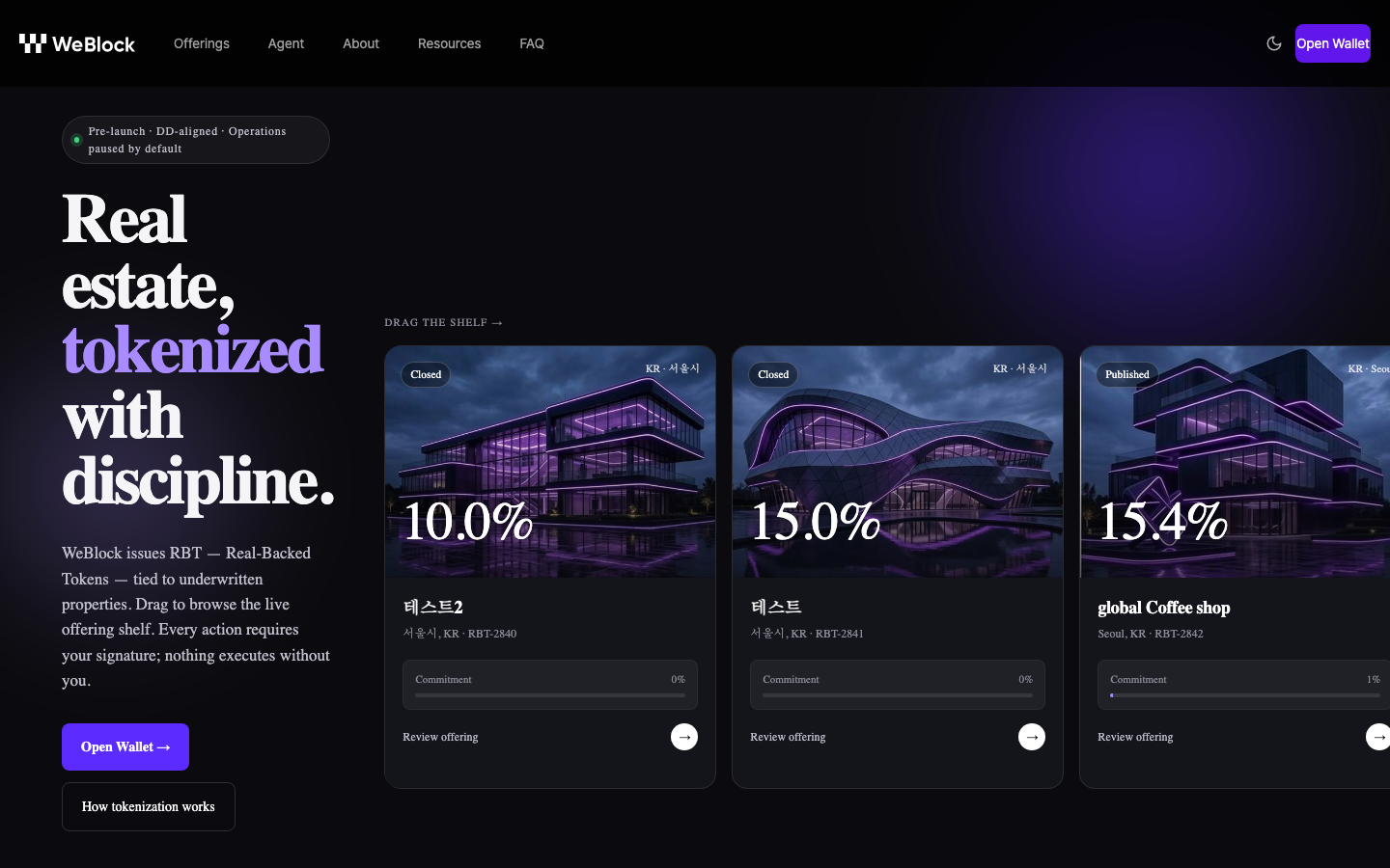 WeBlock platform interface showing tokenized real estate offerings with yield percentages